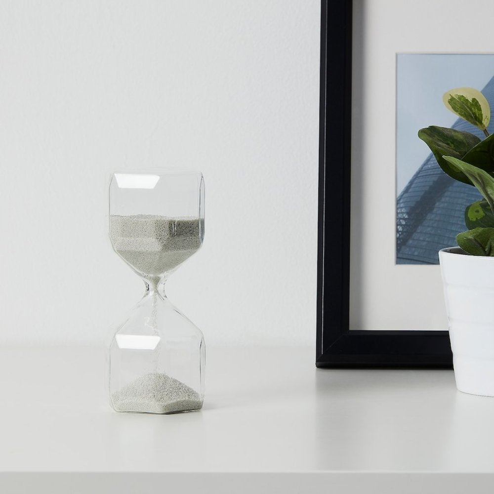 NEW - Ikea TILLSYN Decorative Hourglass, Clear Glass/White 7"